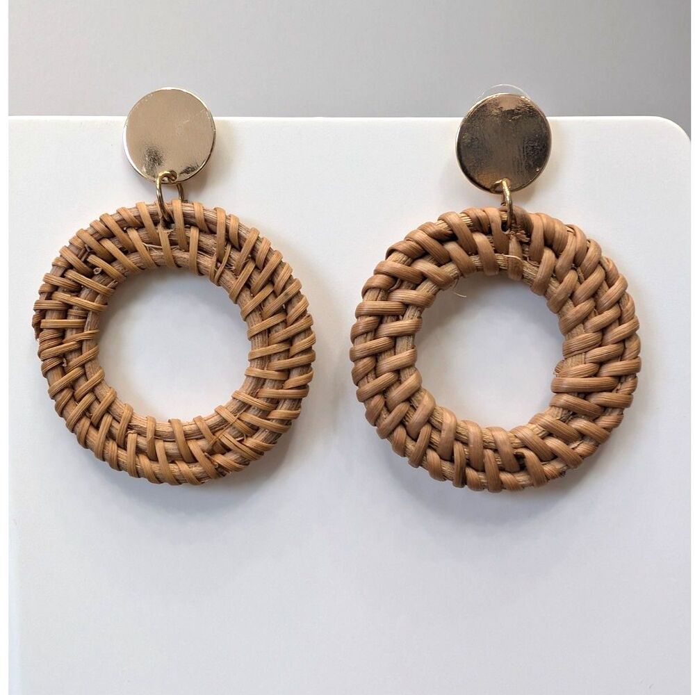 Straw Wicker Weave Hoop Dangle Earrings